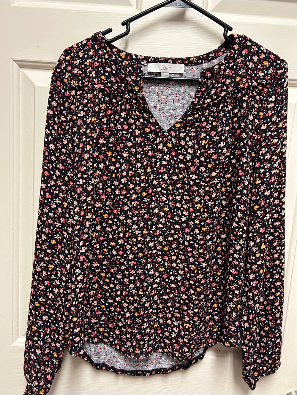 LOFT Black Floral V-Neck Long Sleeve Blouse with Pink and Yellow Accents